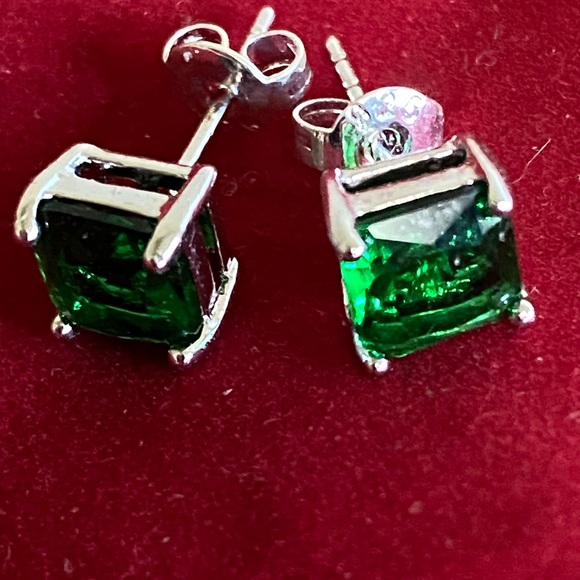 Emerald Princess Cut Earrings 925 Sterling 2CTTW - Picture 2 of 7